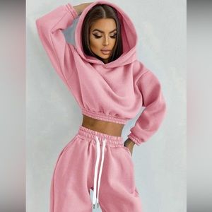 Women's 2pcs Solid Pink Drop Shoulder Hoodie & Drawstring Joggers Set
